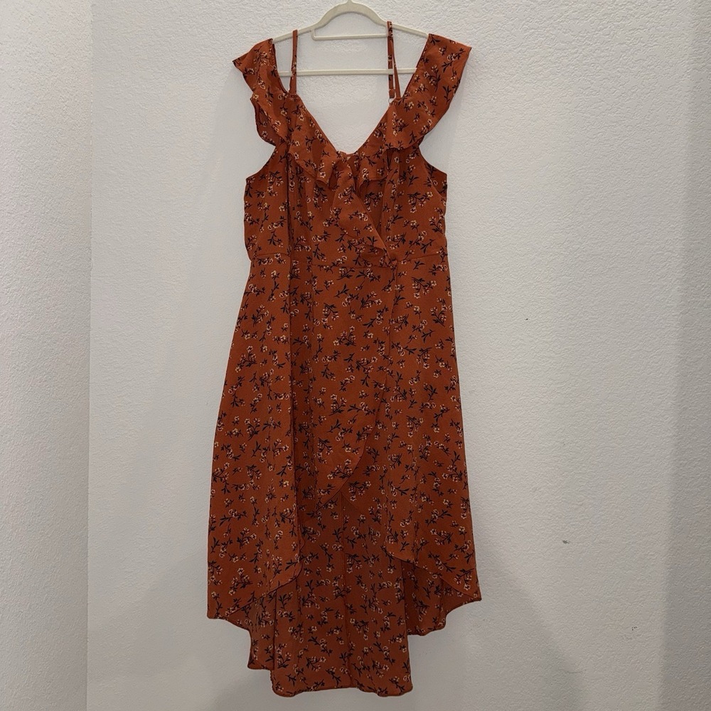 General Goods Womens Sz 2X Rust Floral Ruffle Maxi Dress Boho Cottagecore Straps